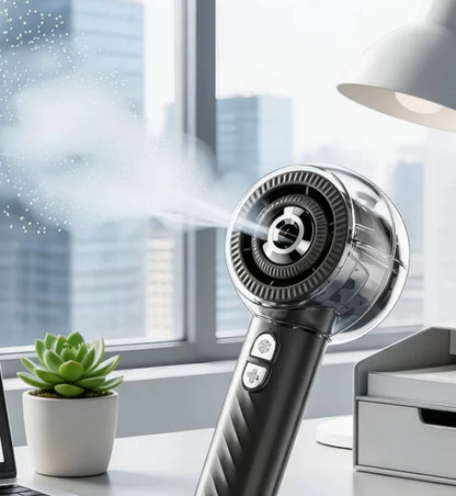 ❄️ Přenosný chladicí ventilátor se sprejem – Okamžitá úleva od horka kdykoliv během dne